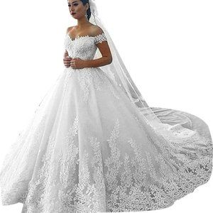 Ball Gown Off-the-Shoulder Sleeveless Sweep/Brush Train Lace Tulle Wedding Dress